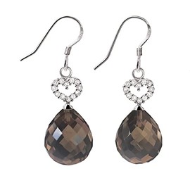 Franki Baker Natural Smoky Quartz Gemstone & CZ Hearts Sterling Silver Pear Drop Statement Earrings. Total Length: 4cm.