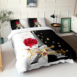 AILONEN Eiffel Tower Duvet Cover King Size,Black & White Couple Lover Bedding Set,Red Rose Comforter Cover,Red Rose Romantic Moment Duvet Cover 3 Pieces,1 Quilt Cover and 2 Pillowcases