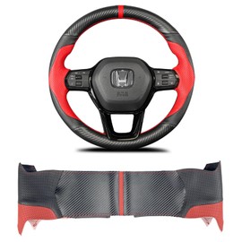 Hand-Stitched Steering Wheel Wrap for 11th Gen Honda Civic 2022 Interior Steering Wheel Protection Skin Cover Accessories (Red Perforated Leather+Matte Black Carbon Fiber)