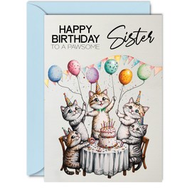 Sister Birthday Card - Pawsome Party Cats Balloons - Happy Birthday Card for Sister from Brother Sister, 5x7 Inch Female Cat Bday Greeting Cards