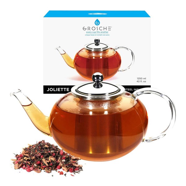 GROSCHE Joliette Glass Teapot Loose Leaf Tea Steeper with Stainless Steel Tea Infuser 1250ml/42fl.oz. for Loose Tea or Blooming Tea Clear teapot and Tea Brewer for Loose Tea