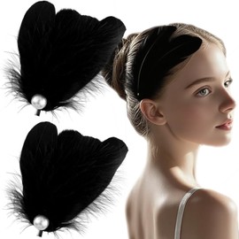 2Pcs Black Feather Hair Clips - Ballet Style Artificial Swan & Ostrich Feather with Faux Pearl - Wedding Engagement Birthday Party Stage Accessories for Women