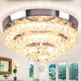 Cainjiazh 11.8" Crystal Chandeliers Modern Crystal Ceiling Light LED Chandeliers Semi Flush Mount Chandelier Crystal Ceiling Light Fixture for Bedrooms Dining Living Room Hallway (Round Warm Light)