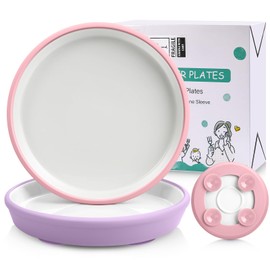 Domensi 2 Sets Kids Porcelain Plates with Silicone Suction Sleeve Toddler Suction Plates Baby Porcelain Snack Dishes for Kid Toddler Baby Self Feeding Microwave Dishwasher Safe (Vivid Color)