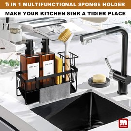 GMISUN Dish Soap Dispenser, 12 Fl oz / 350 ml Dual Soap Dispenser with Sponge Holder, Customized Amber Glass Kitchen Soap Dispensers Set, Modern Hand and Dish Soap Dispensers Set Removable