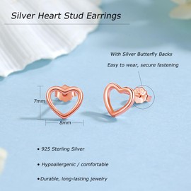 Loutade Silver Stud Earrings for Women, 925 Sterling Silver Heart Stud Earrings, Hypoallergenic Cartilage Sleeper Simple Heart Shape Rose Gold Earrings, Mini Flat Rose Gold Plated Open Heart Earrings