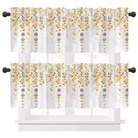 Curtain Valances Flower Vine Short Topper Curtains Printed Short Half Tier Curtain Window Treatment Decor Light Filtering Yellow Floral Pack of 2