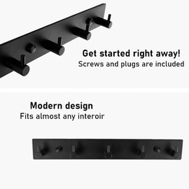 Brute Strength - Coat Stand - 5 Hooks - 32 cm - Stainless Steel - Door Hooks for Kitchen, Hook Rack, Black, Wall Coat Rack, Bathroom, Living Room and Hallway for Hats, Scarves, Handbags, Towel Hooks