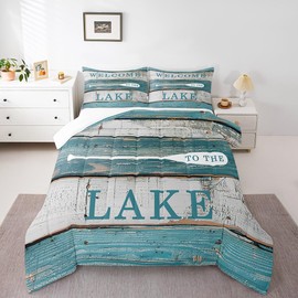 Manfei Rustic Camping Comforter Set King Size, Lake Theme Quilt Set with 2 Pillowcases, Rustic Farmhouse Style Bedding Set 3pcs for Kids Boys Teens Bedroom Decor, Vintage Board Duvet Set