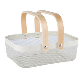 AJIODA Metal Mesh Steel Basket, Storage Organizer Basket Garden Harvest Basket Multi-functional Kitchen Fruit Baskets Bin with Wooden Handle for Bathroom Picnic Shopping Decor Cabinet Home, White