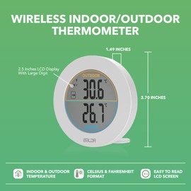BALDR Wireless Indoor Outdoor Thermometer - 2.5” LCD Display Digital Thermometer for Home - Surface or Wall Thermometers Indoor & Outdoor Weather Station with Wireless Remote Transmitter (White)