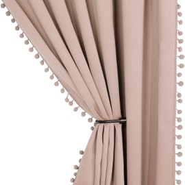 LORDTEX Pom Pom Blackout Curtains for Bedroom - Thermal Insulated Curtains, Sun Light Blocking Rod/Pole Pocket Window Drapes for Living Room, 42 x 63 inch, Blush, Set of 2 Panels