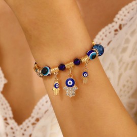 Inateannal Hamsa Evil Eye Bracelet Blue Evil Eye Beaded Bracelet Crystal Evil Eye Stretch Bracelet Turkish Lucky Devil Eye Bracelet Vintage Hamsa Hand Bracelets