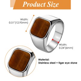 JewelryWe Tiger's Eye Ring, Signet Ring for Men, Stainless Steel Men's Ring, Square Finger Ring with Brown Tiger's Eye Stone, Vintage Statement Ring for Wedding, Birthday, Anniversary, Tiger's Eye
