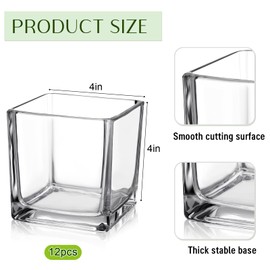 Kritkin 12 Pcs Square Glass Vases 4 x 4 Inch and 2 Rolls 3 Inch x 30 Yards Leaf Floral Ribbon Clear Glass Cube Vase Square Flower Vases for Centerpieces Candle Holders for Home Table Wedding Events