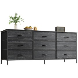 Huuger Long Dresser for Bedroom, 55 Inch TV Stand for 55, 60 Inch TV, Entertainment Center with Drawers, Large Storage, 9 Fabric Drawers Dresser for Closet, Charcoal Black Wood Grain Print