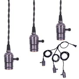 Swpeet Vintage Triple Light Sockets Pendant Hanging Light Cord with Switches, E26 / E27 Solid Industrial Triple Lamp Sockets Cord for Kitchens, Dining Rooms, Bars and Restaurants (Black)