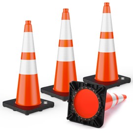BATTIFE 28 Inch Traffic Cones with Black Weighted Base, PVC Orange Cones for Traffic Control, Construction Events, Driveways, and Parking Lots (4 Pack)