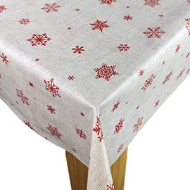 Karina Home Christmas Red Snowflakes on Beige Linen Effect Background PVC Vinyl Wipe Clean Oilcloth Tablecloth (200cm x 140cm, Beige)