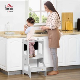 Qaba Kids Kitchen Step Stool, 2 in 1 Kitchen Table Set Toddler Standing Tower with Chalkboard, Safety Rail for Kitchen, Bathroom, Bedroom, Gray