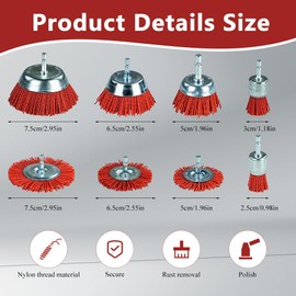 Nylon Brush 8 Pieces with 1/4 Inch Hex Shank, 8 Sizes Nylon Drill Brushes & Cup Brushes for Drill, Grinding Attachment for Removing Rust, Corrosion, Paint, Grinding Brush Set