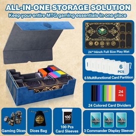 PROMAXIBINDER MTG Trading Card Storage Box with Playmat Fits 3000+ Cards, 3-Row Commander Deck Case, 3 Display Windows, 6 Movable Partitions, 24 Dividers, for Magic/TCG/YuGiOh/Sport (Blue&Grey)