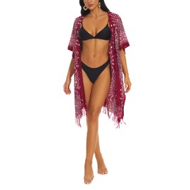 Beautybatik Maroon Women HIPPIE Gypsy Boho Printed Kimono Cardigan Shawl Wrap Swimsuit Cover Up Jacket One Size