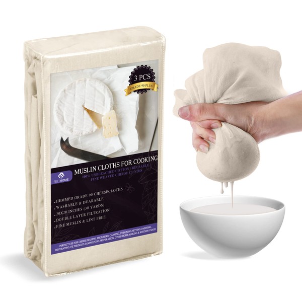 Felihome Pack of 3 - Muslin Cloth for Cooking ‎50x50 cm, Cheese Cloths for Straining & Baking, Cheesecloth with Hemmed Edges, Unbleached Cotton Grade 90, Reusable Muslin Cloths for Cooking