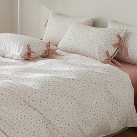 White Duvet Cover King Garden Style Pink Flower Duvet Cover 100% Cotton Floral Comforter Cover 1 Queen Duvet Cover with 2 Bow Ties Pillowcases Floral Botanical Duvet Cover Cottagecore Bedding Sets