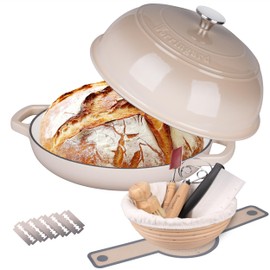 VORRINGARD Enameled Cast Iron Dutch Oven Pot with Lid, Bread Oven for Sourdough Bread Baking, Dutch Ovens with Bread Proofing Basket& Baking Supplies Set, 6 Quart, Latte