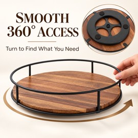 Acacia Wood Lazy Susan Turntable, 360° Rotating Kitchen Countertop Organizer with Raised Metal Rim, Round Wooden Serving Tray for Spices, Condiments, Pantry and Table