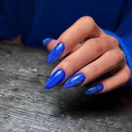 Royal Blue Glitter Press on Nails Medium Almond Shape,KQueenest Iridescent Shimmer Acrylic Fake Nails with Salon UV Finish,Sparkling Gel Nails Press ons,Glossy Flash Glue on Nails for Manicure in24PCS