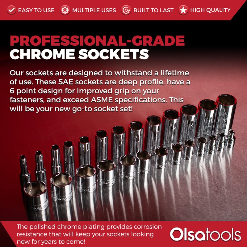Olsa Tools SAE Deep Socket Set - 1/4-Inch Drive, 13pc
