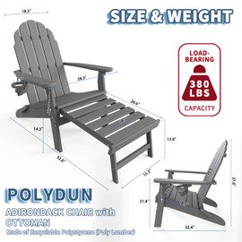 POLYDUN Folding Adirondack Chair with Retractable Ottoman, HDPE Plastic Patio Chairs for All Weather, Fire Pit Chair with Cup Holder, Outdoor Lawn Chairs for Deck, Porch, Backyard, Gray