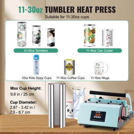 VEVOR Tumbler Heat Press Machine, 11-30oz Mug Press, Heat Up Fast and Even, Tumbler Press with Sublimation Paper, Tape and Gloves, Temp and Time Setting, for Sublimation Tumblers, Cups, Mugs, Green