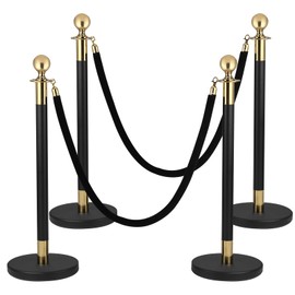 4PACK Stainless Steel Stanchion Post Queue 5 ft Black Velvet Ropes and Stanchion Poles Set Crowd Control Barriers with Fillable Base Used for Party Wedding Theaters Red Carpet - Black & Gold Color