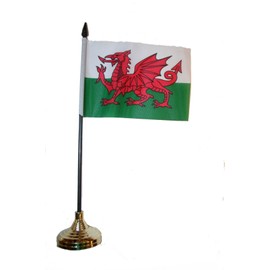 Wales Small 4 X 6 Inch Mini Country Stick Flag Banner with GOLD STAND on a 10 Inch Plastic Pole .. New