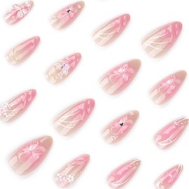 YoYoee 24-Piece Short Almond Press on Nails - 3D Daisy French False Nails | Gradient Fake Nails Pearl Nails Tips for Women Elegant & Durable Artificial Nails for Instant Manicure