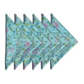Craftbot Soft Washable Thin Cotton Dinner Napkins 18x18 inches - Set of 6 - Everyday Use or Dinner Party and Events - Sea Green and Turquoise and Yellow Floral Lightweight Indian Block Print Fabric