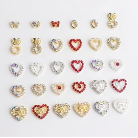 AUOCATTAIL 30 Pcs Gold Silver Alloy Bow Heart Nail Charms Hollow Out Design Love Heart Nail Gems Heart Nail Studs Inlaid Rhinestones Pearls for Valentine's Day DIY Craft Nail Art Decoration