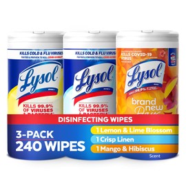 Lysol Disinfectant Wipes Bundle, Multi-Surface Cleaning Wipes, For Disinfecting & Cleaning, contains Lemon & Lime Blossom, Crisp Linen, & Mango & Hibiscus, 3x80 ct, (240 ct Total)