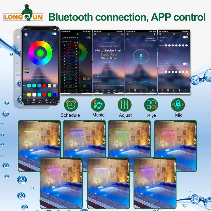 Longrun LED Fountain Light, Waterfall LED Light Strip,Remote and APP