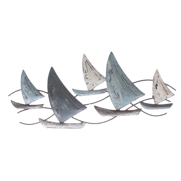 Seaside No.64 - Maritime wall object in the shape of sailing boats - 5 cutters / galleys in cream, grey and blue made of metal - timeless home decoration for hanging in all rooms
