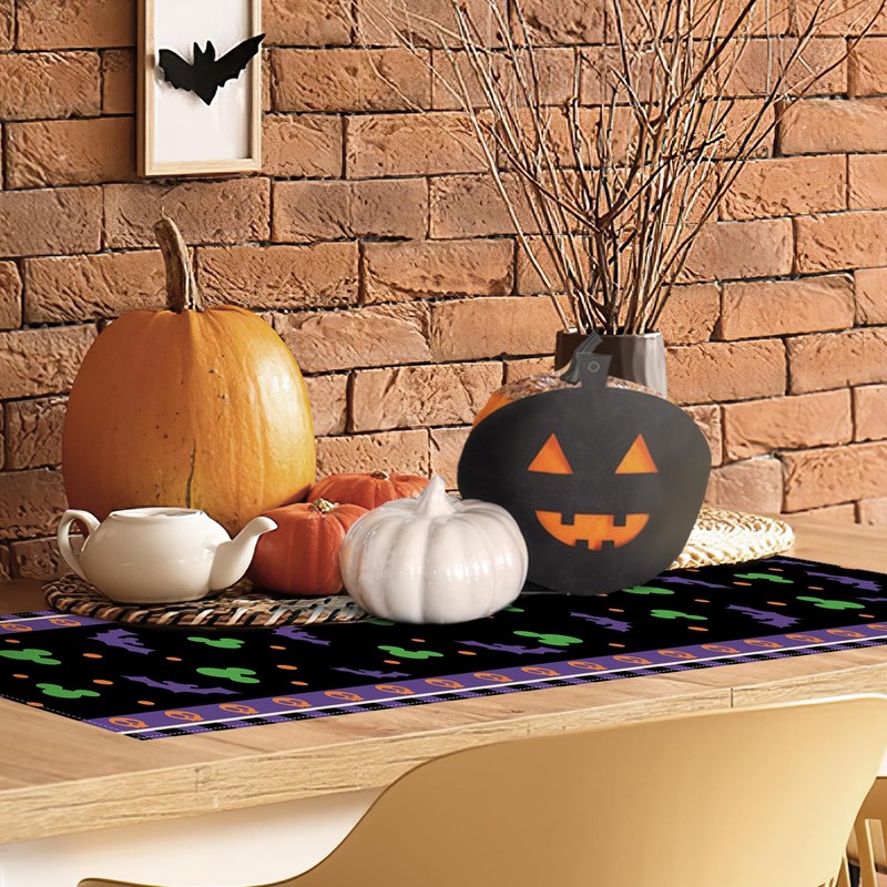 Halloween Bat Table Runner, Black Purple Skull Polka Dot Kitchen