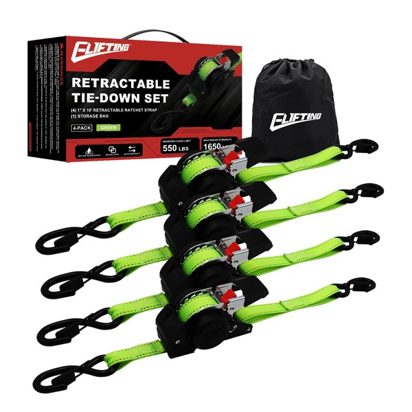 ELIFTING Retractable Ratchet Straps/Slow Retraction 4-Pk, 1" x10ft (1650 lbs