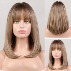 EMMOR Blonde Bob Wigs for Women Shoulder Length Synthetic Wig with Fringe Bangs High Heat Resistant Wig(Ombre Blonde)
