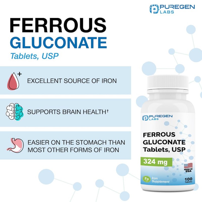 Puregen Labs Ferrous Gluconate 324 mg [High Potency] Iron Supplement,