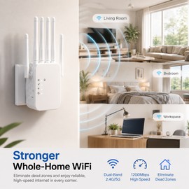 Dual-Band WiFi Range Extender for Home Coverage – 2.4GHz/5GHz 1200Mbps Repeater for Bedrooms, Garages and Offices