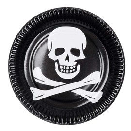 Boland 74167 - Partygeschirr Teller Pirat, 6 Stück, Durchmesser 23 cm, Totenkopf, Pappteller, Papierteller, umweltfreundlich, Einweggeschirr, Einwegteller, Servierplatte, Geburtstag, Mottoparty