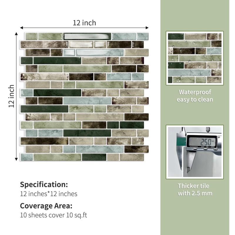 10 Sheet Thick Peel and Stick Kitchen Backsplash Tiles,3D Waterproof